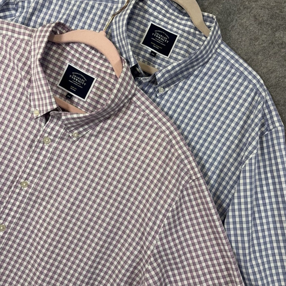 Charles Tyrwhitt Shirt XXL Blue Lavender Gingham Check Slim Fit No Iron-Lot of 2